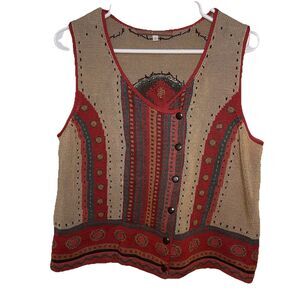 Peruvian Connection Vest Women L Multi-colored Wood Buttons Old Money Aztec Boho